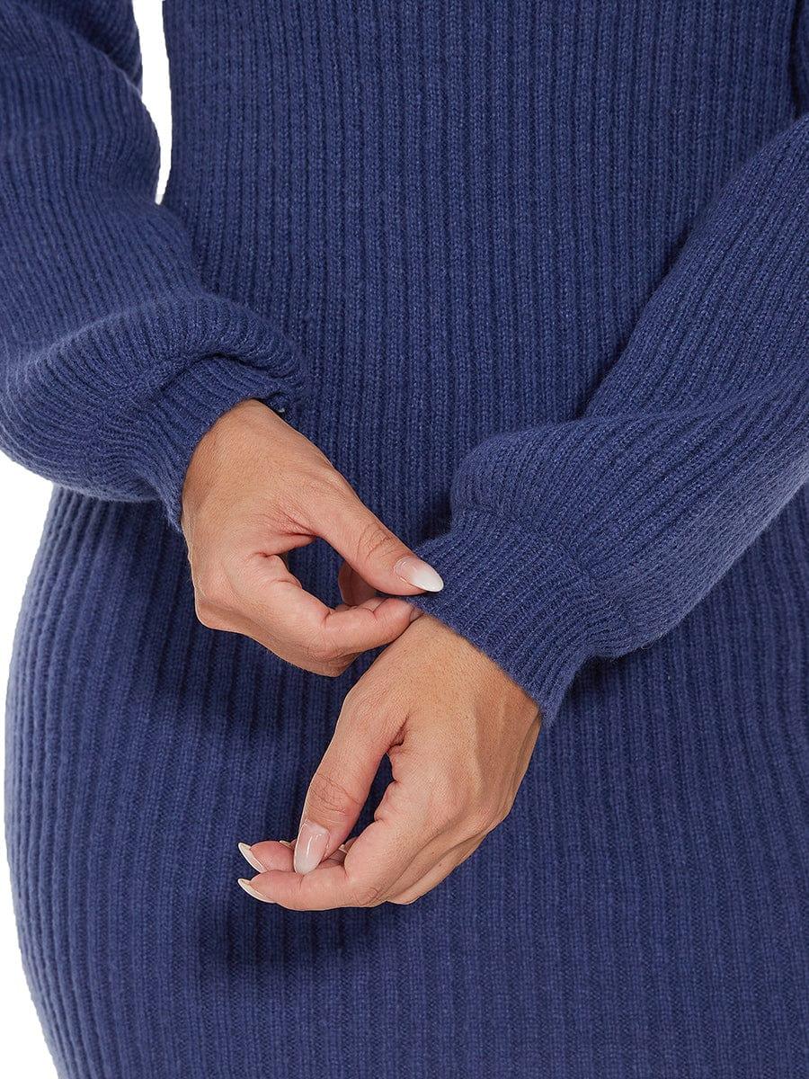 Long Lantern Sleeve Ribbed Knit High Neck Bodycon Sweater Dress #color_Navy Blue