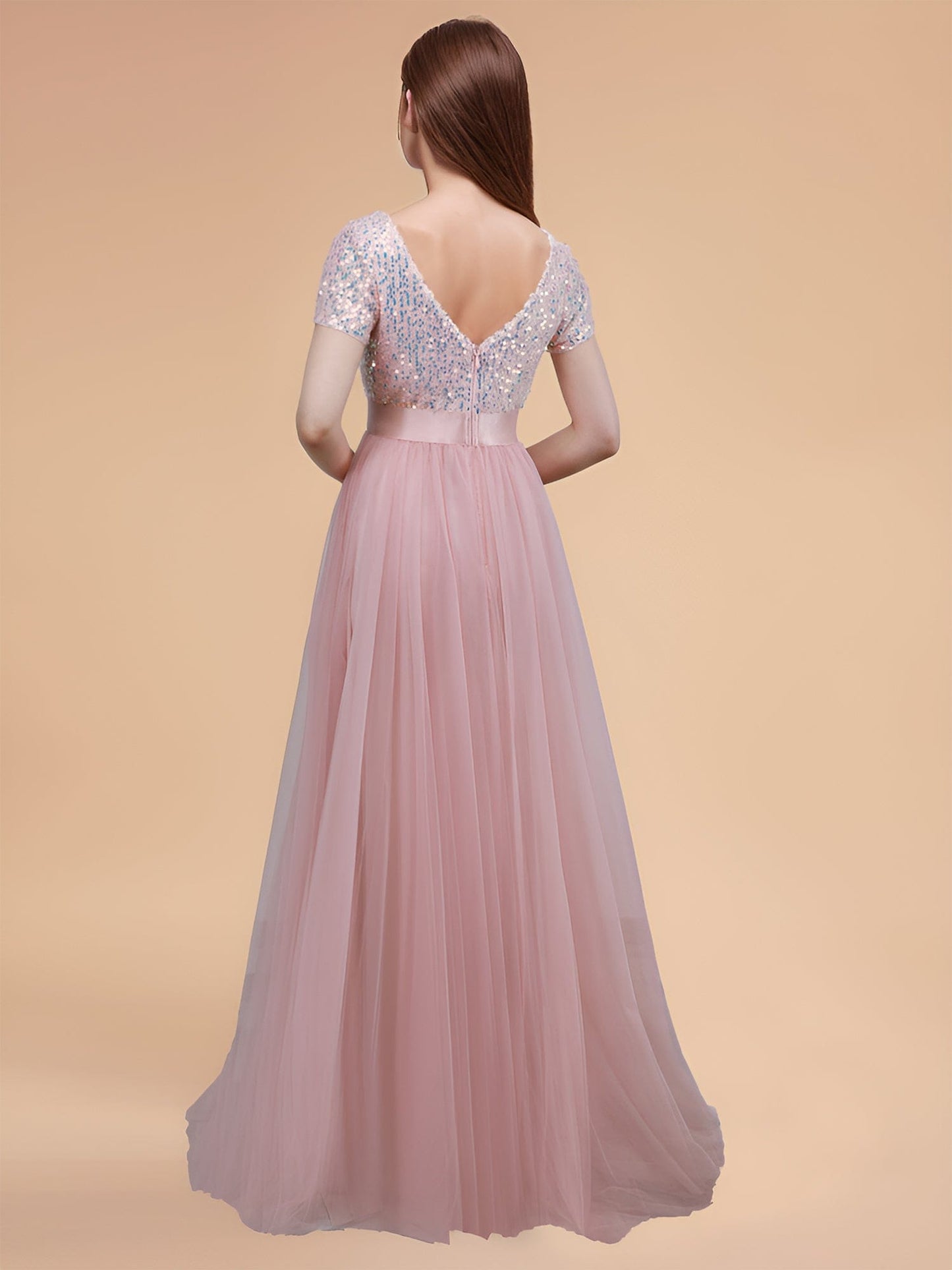 Custom Size Sequin V-neck A-line Ribbon Waist Tulle Prom Dress #color_Pink