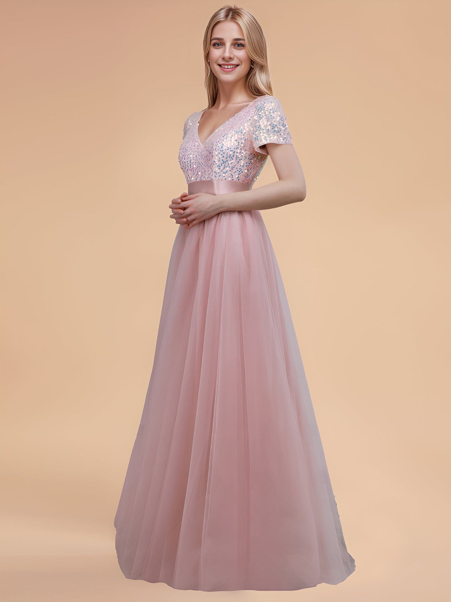 Custom Size Sequin V-neck A-line Ribbon Waist Tulle Prom Dress #color_Pink