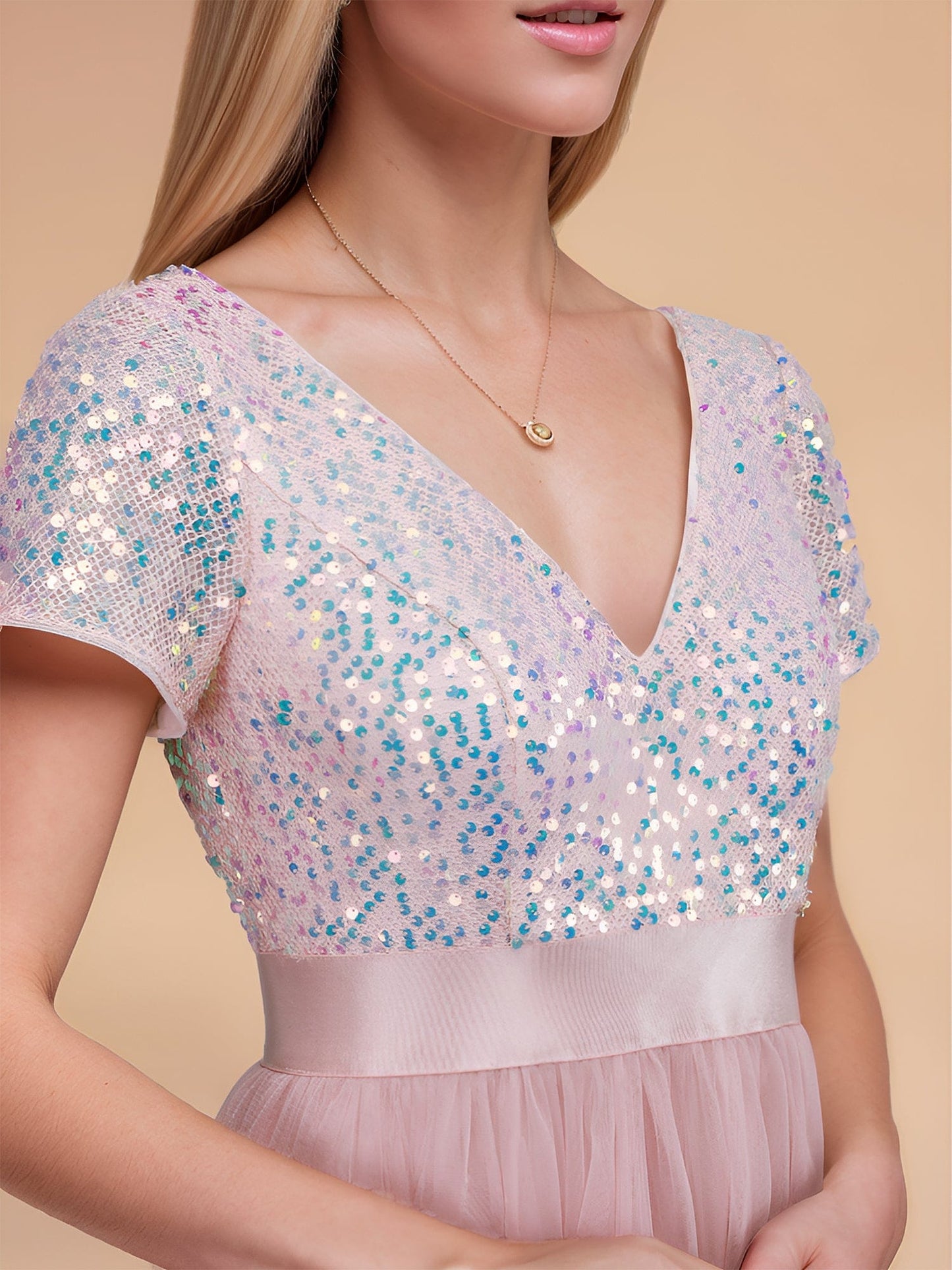 Custom Size Sequin V-neck A-line Ribbon Waist Tulle Prom Dress #color_Pink