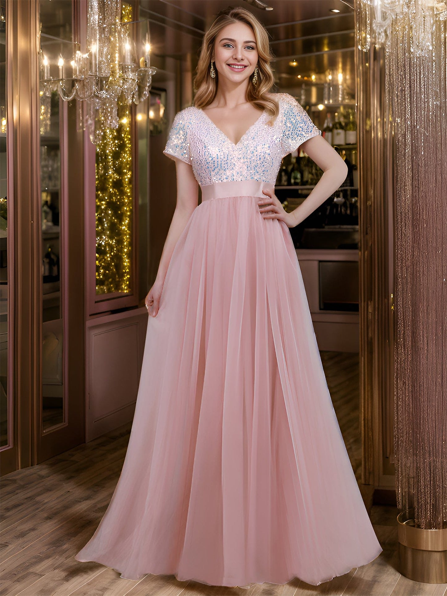 Custom Size Sequin V-neck A-line Ribbon Waist Tulle Prom Dress #color_Pink