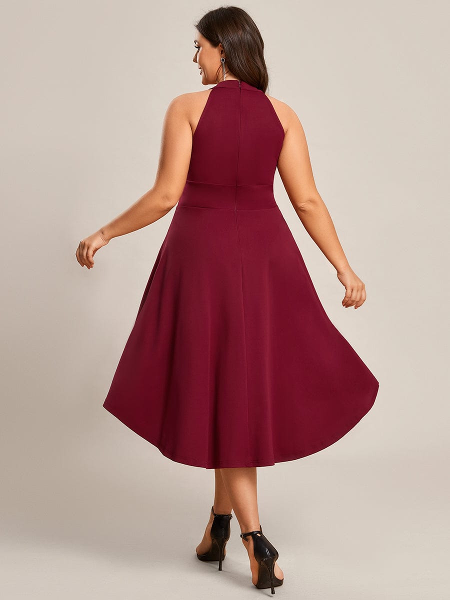 Halterneck Fashion Knee-Length A-Line Wedding Guest Dress #color_Burgundy
