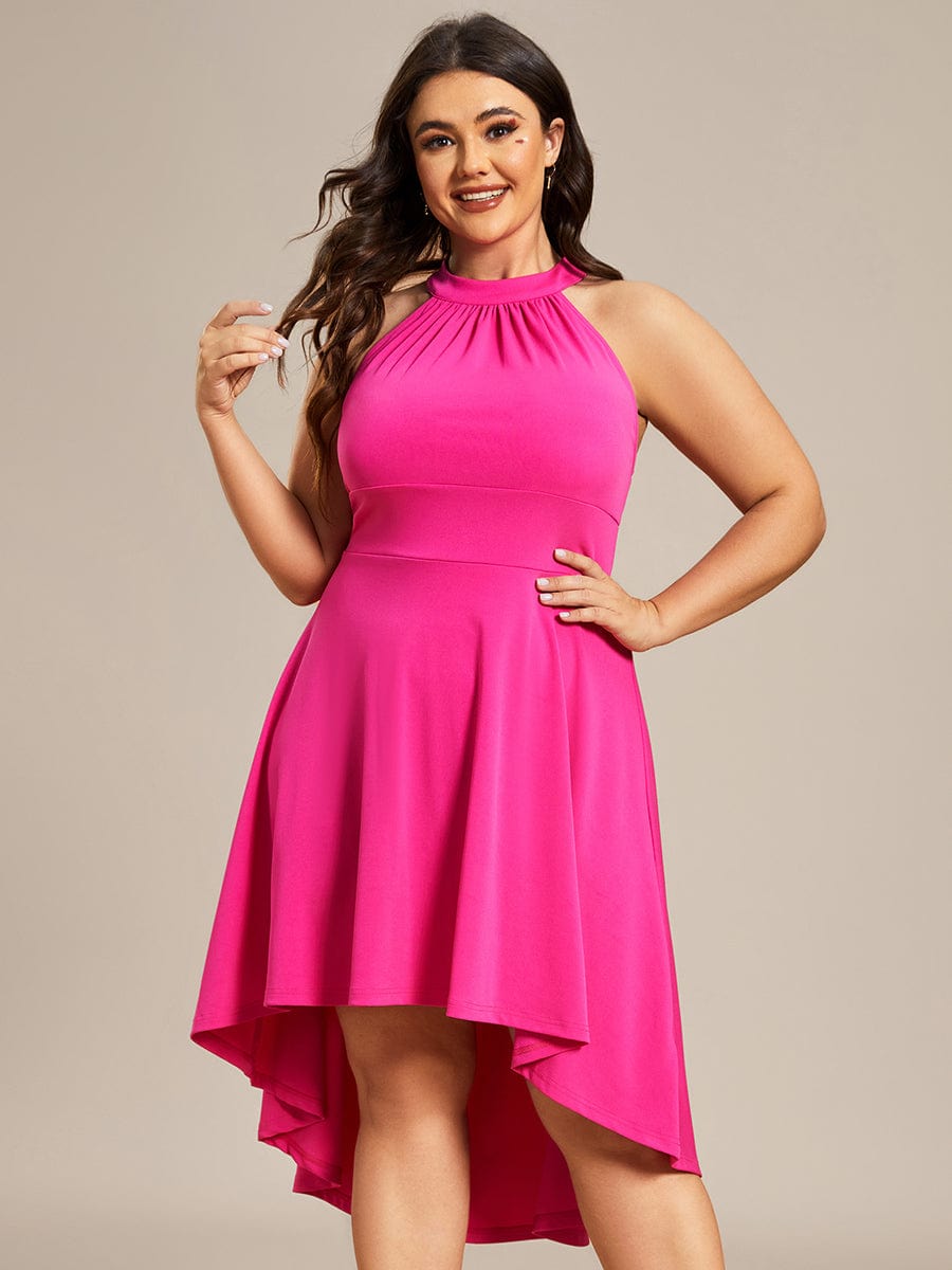 Halterneck Fashion Knee-Length A-Line Wedding Guest Dress #color_Hot Pink