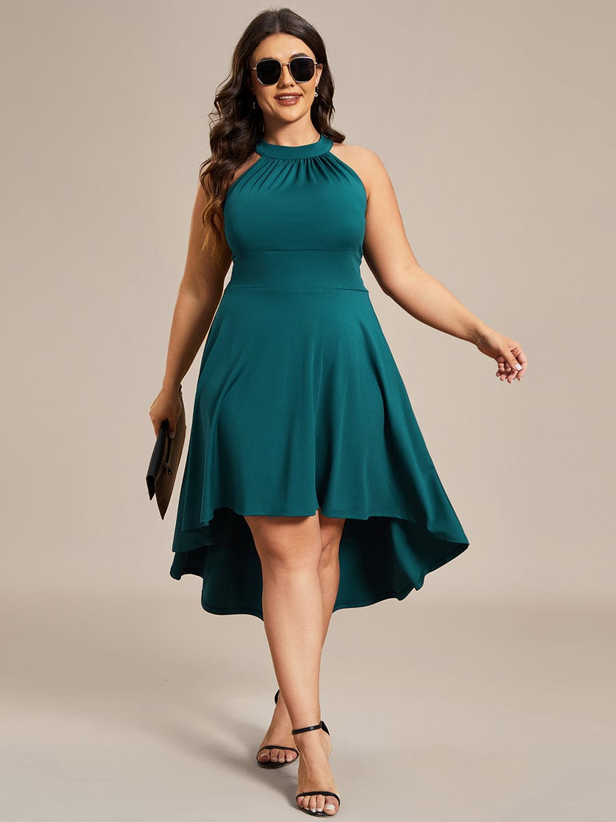 Halterneck Fashion Knee-Length A-Line Wedding Guest Dress #color_Teal