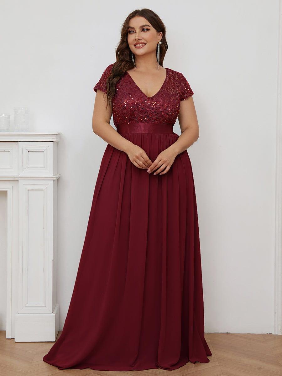 Empire Waist V-Neck Cap Sleeve Chiffon Evening Dress #color_Burgundy