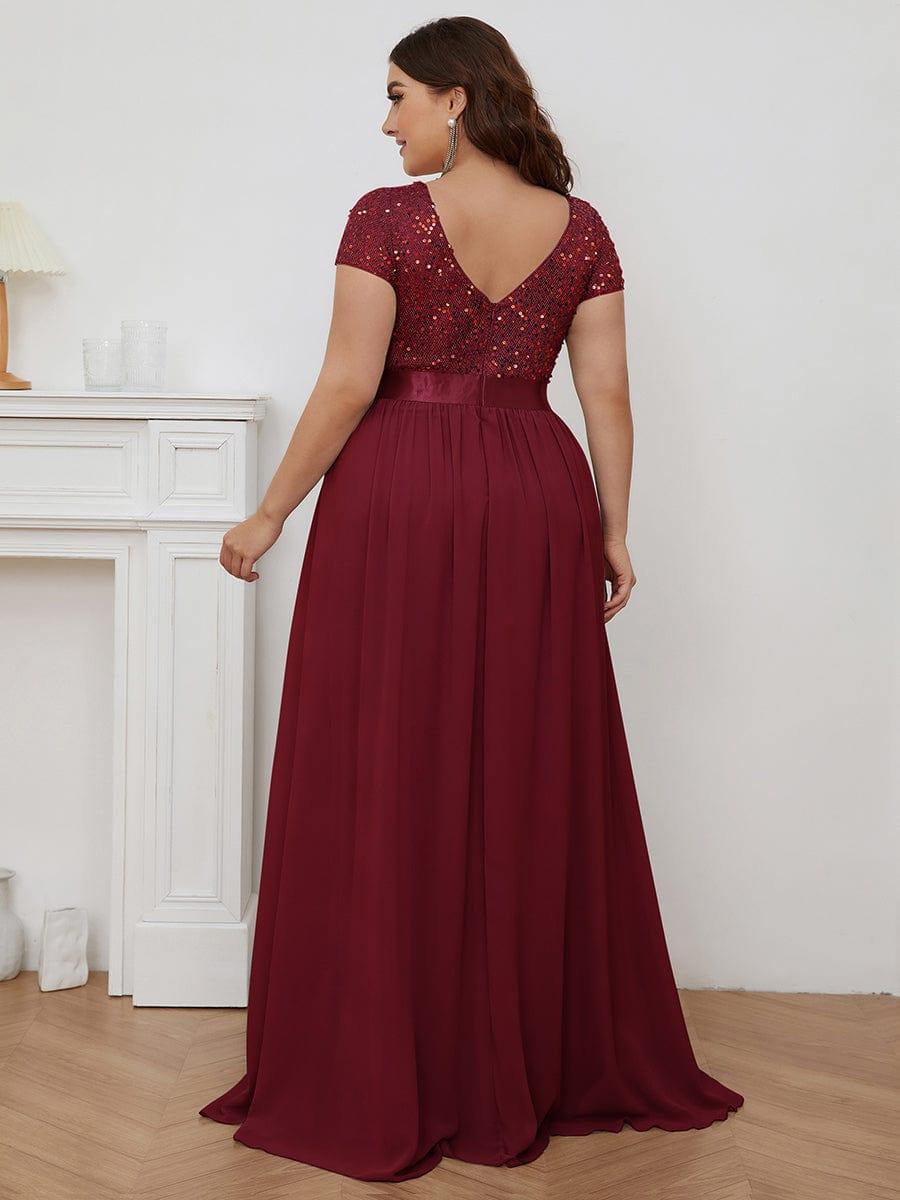 Empire Waist V-Neck Cap Sleeve Chiffon Evening Dress #color_Burgundy