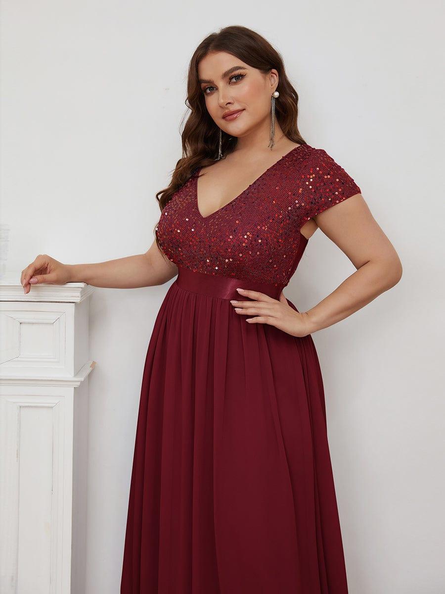 Empire Waist V-Neck Cap Sleeve Chiffon Evening Dress #color_Burgundy