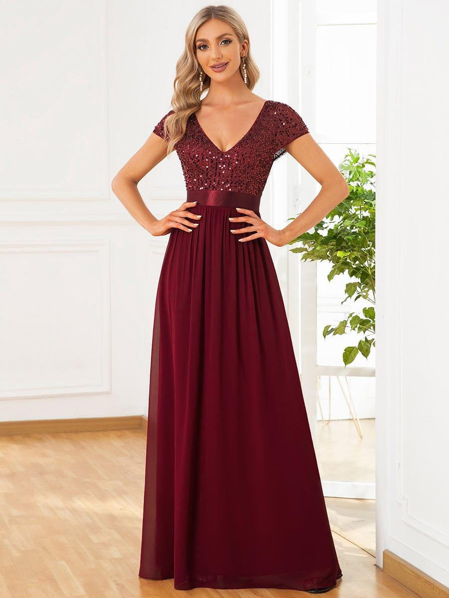 Empire Waist V-Neck Cap Sleeve Chiffon Evening Dress #color_Burgundy