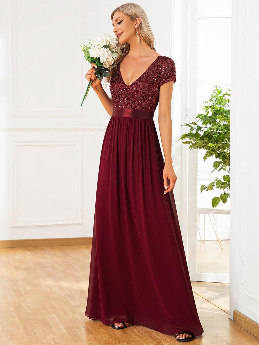 Empire Waist V-Neck Cap Sleeve Chiffon Evening Dress #color_Burgundy