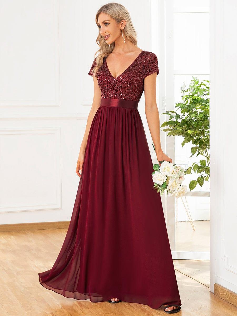 Empire Waist V-Neck Cap Sleeve Chiffon Evening Dress #color_Burgundy