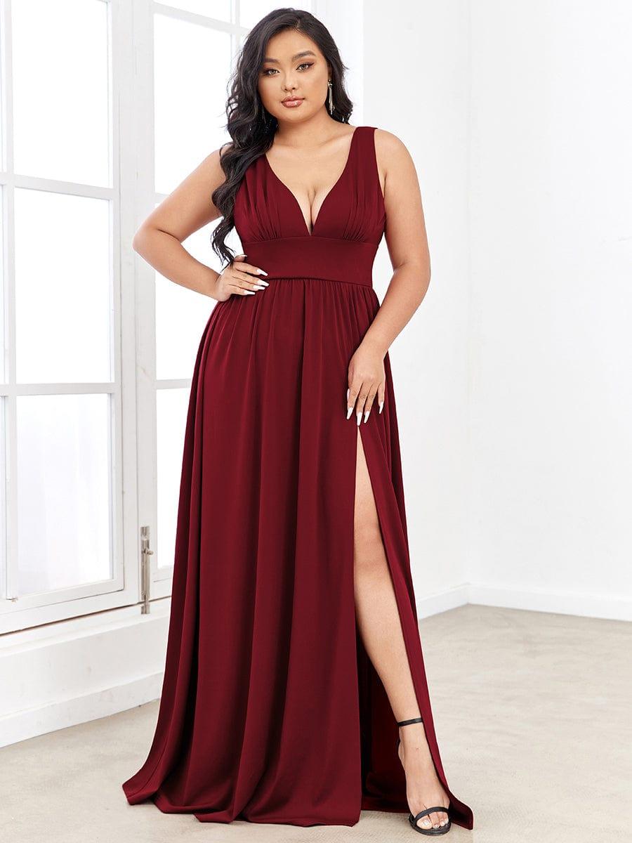 Sleeveless V-Neck Empire Waist High Slit Floor-Length Evening Dress #color_Burgundy