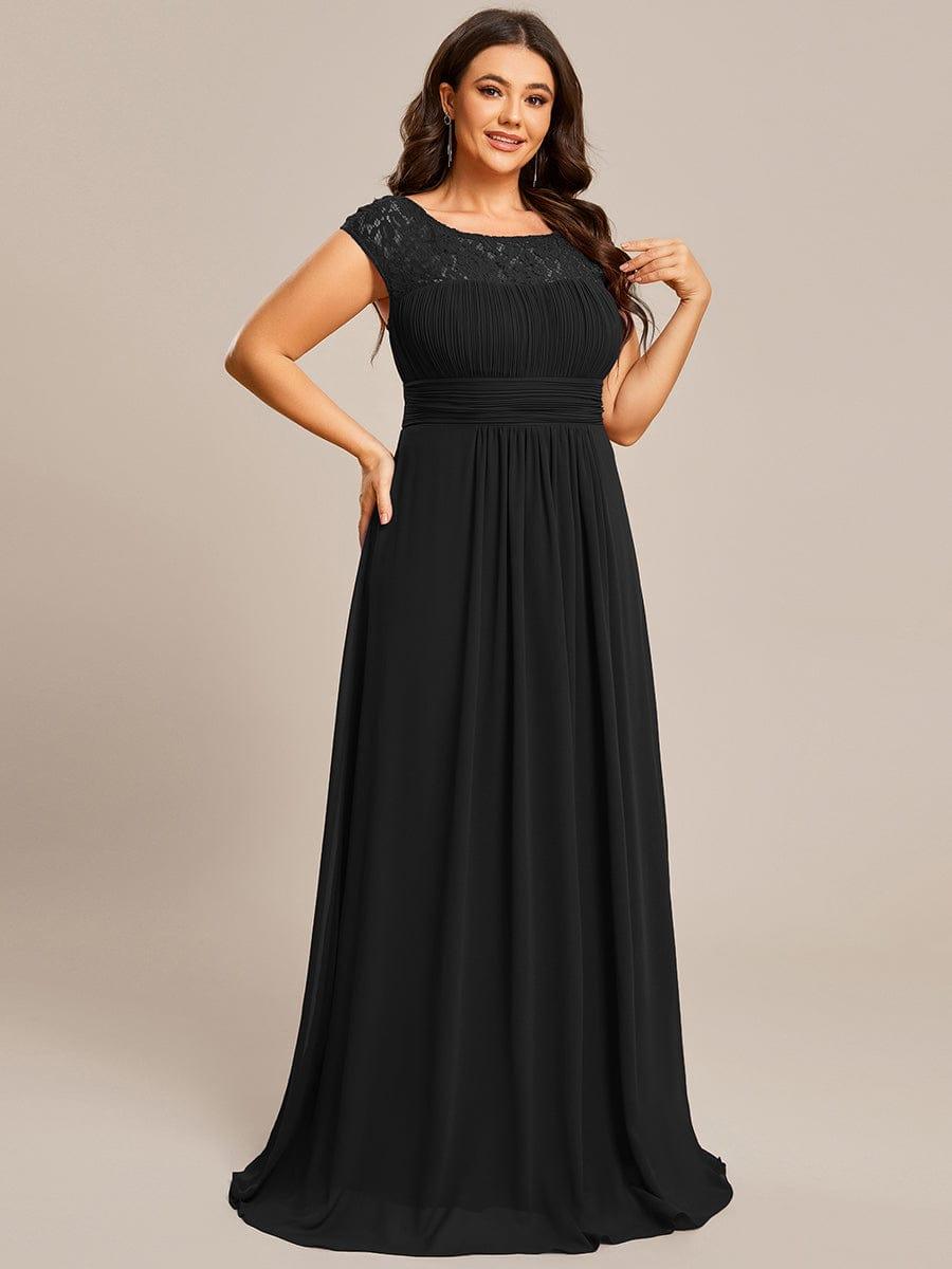 Plus Size Empire Waist Lace Bodice Evening Dress #Color_Black