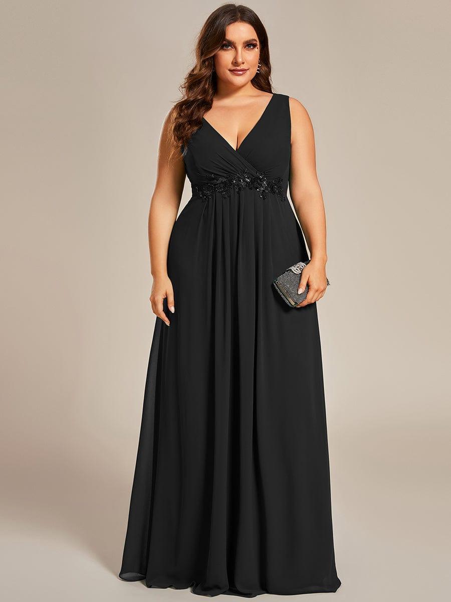 Plus Size Floral Applique Sleeveless Chiffon Formal Evening Dress #color_Black
