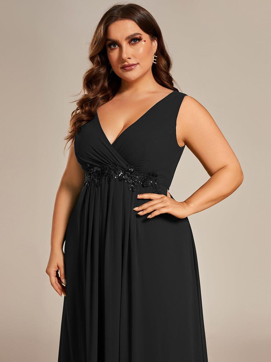 Plus Size Floral Applique Sleeveless Chiffon Formal Evening Dress #color_Black