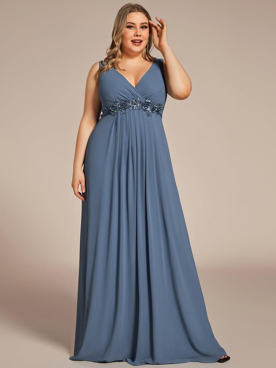 Plus Size Floral Applique Sleeveless Chiffon Formal Evening Dress #color_Dusty Blue