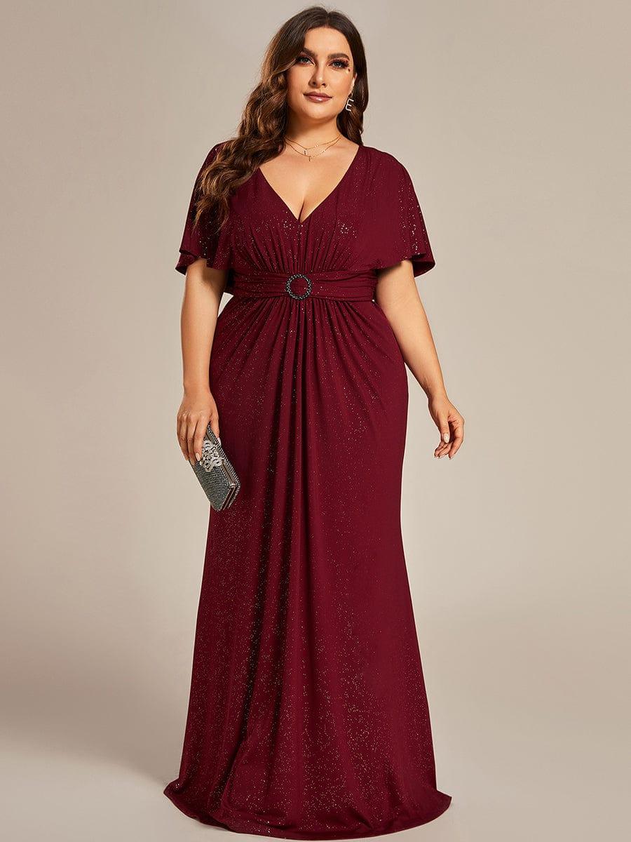 Plus Size Glitter Bat-Wing Sleeve Waist-Cinching Mermaid Evening Dress #color_Burgundy