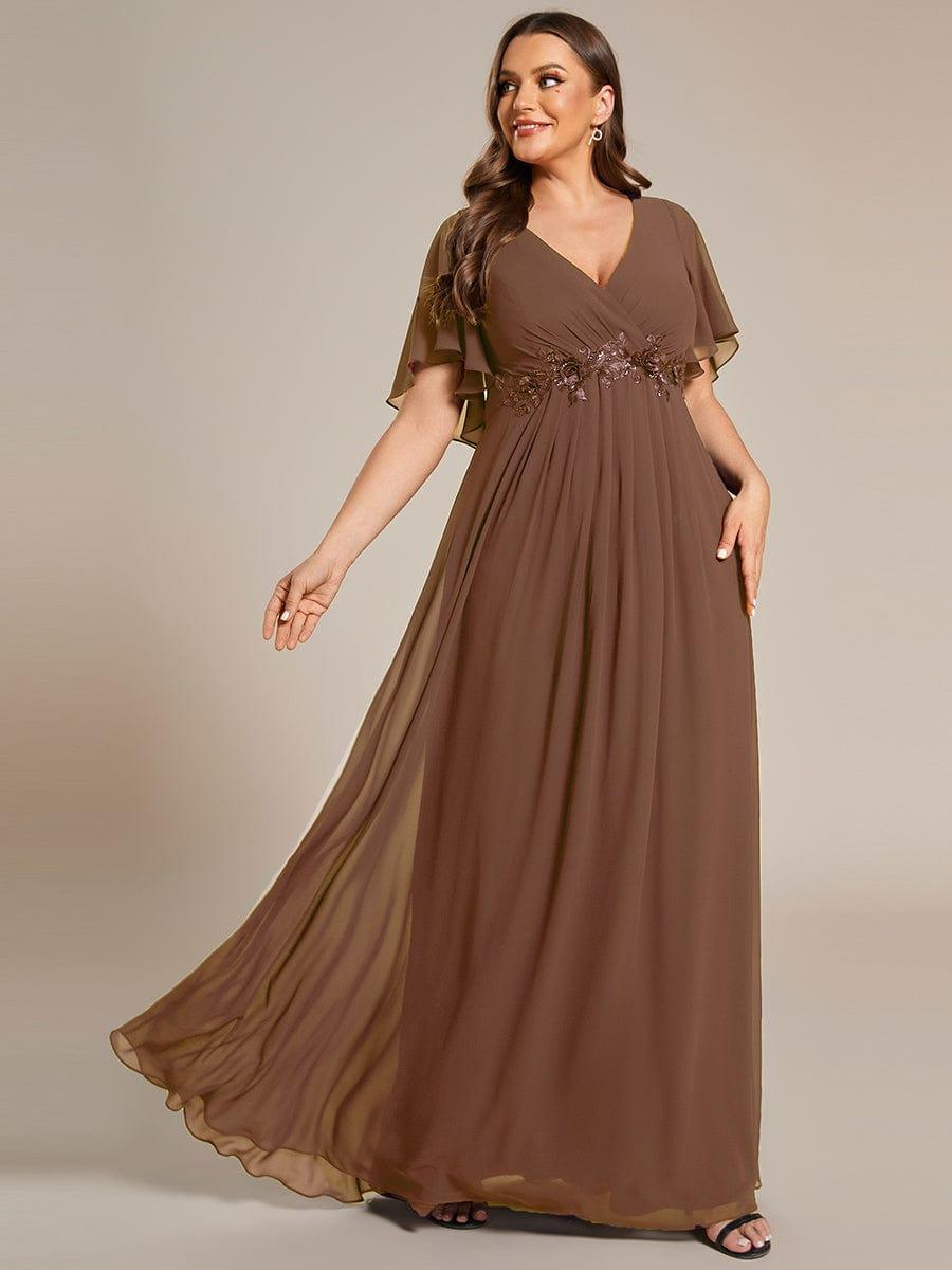 Plus Size Floral Applique Short Sleeve A-Line Chiffon Evening Dress #color_Brown