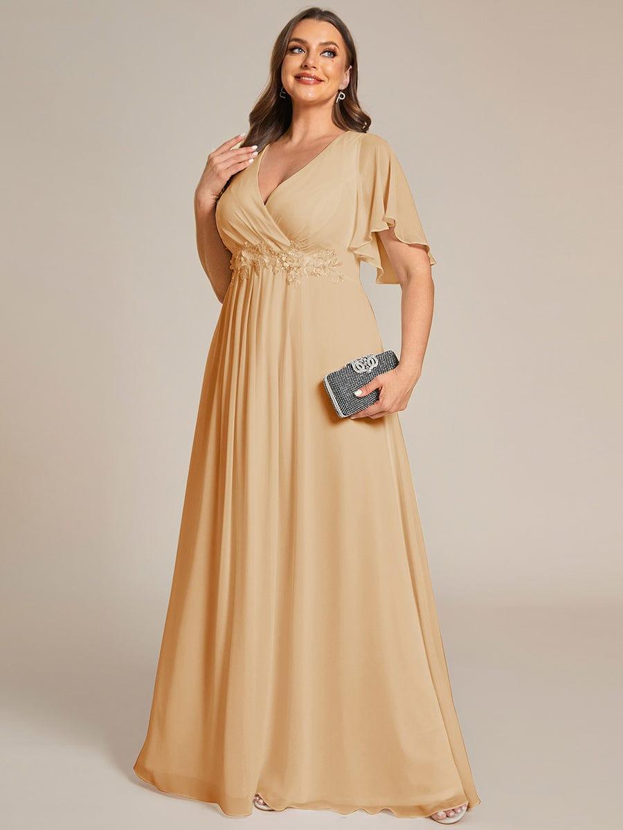 Plus Size Floral Applique Short Sleeve A-Line Chiffon Evening Dress #color_Champagne