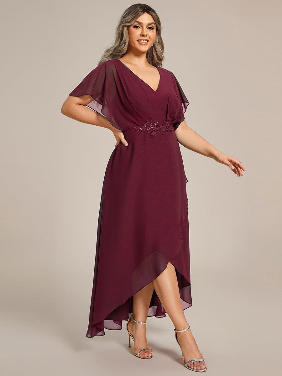 Plus Size V-Neck Chiffon Bat-Wing Sleeve A-Line Waist Applique Formal Dress #color_Burgundy