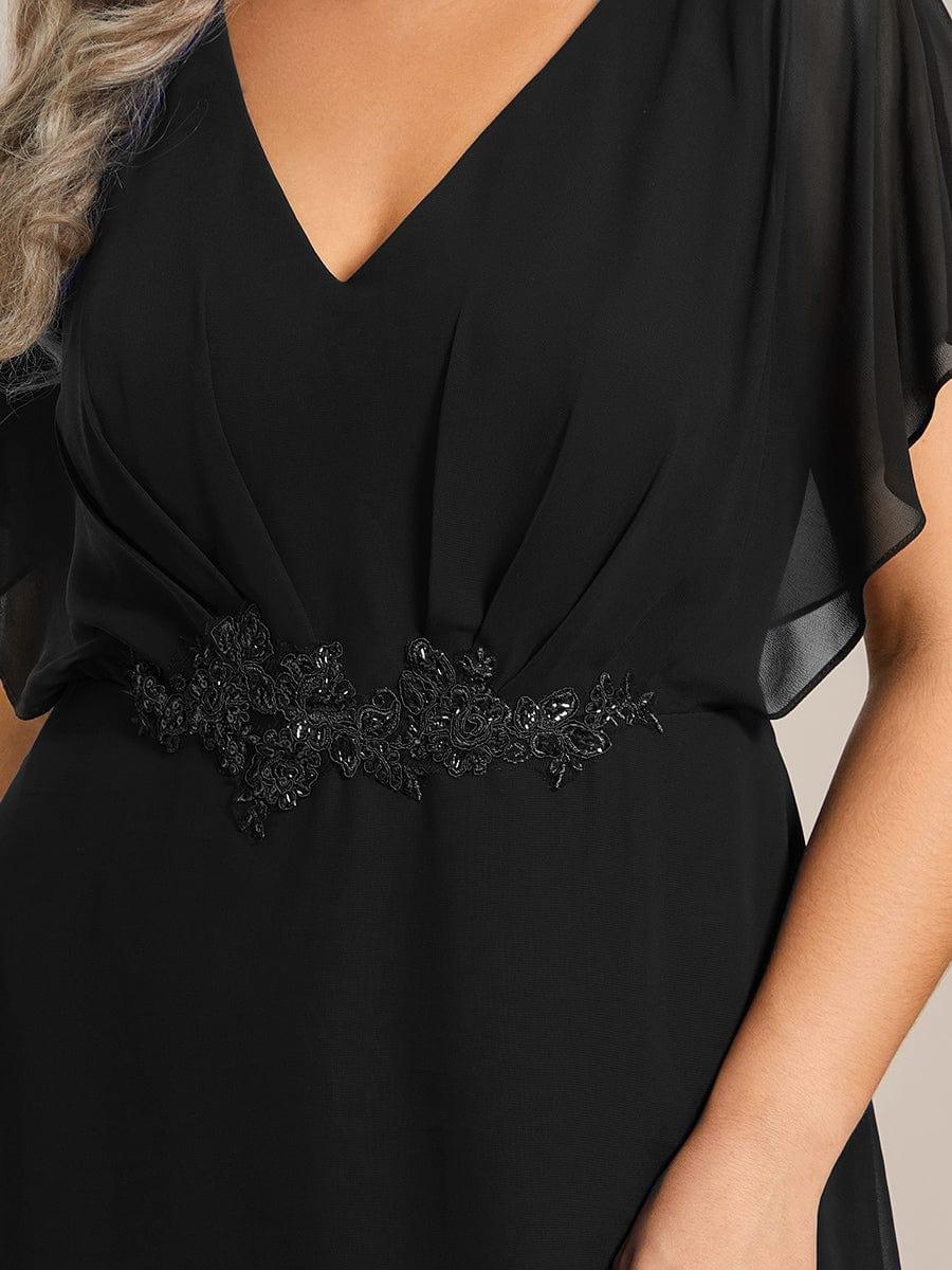 Plus Size V-Neck Chiffon Bat-Wing Sleeve A-Line Waist Applique Formal Dress #color_Black
