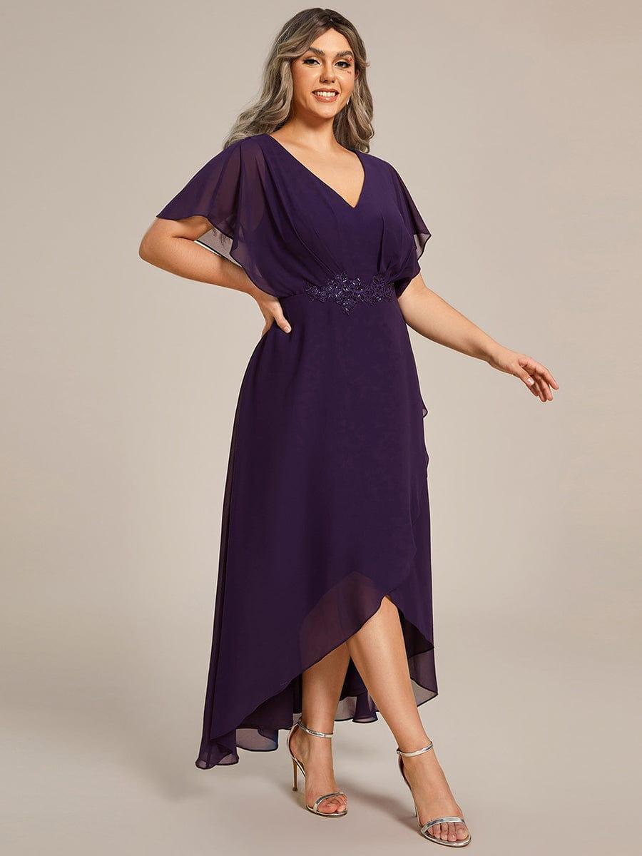 Plus Size V-Neck Chiffon Bat-Wing Sleeve A-Line Waist Applique Formal Dress #color_Dark Purple