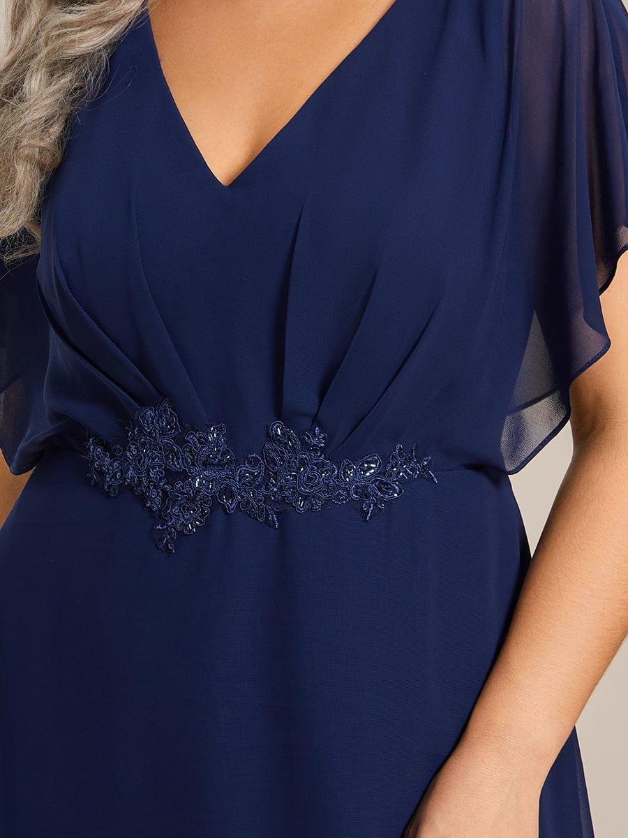 Plus Size V-Neck Chiffon Bat-Wing Sleeve A-Line Waist Applique Formal Dress #color_Navy Blue