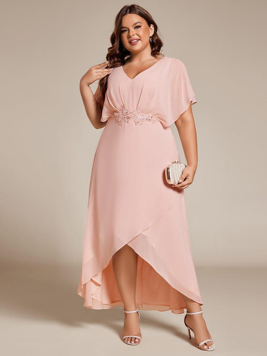 Plus Size V-Neck Chiffon Bat-Wing Sleeve A-Line Waist Applique Formal Dress #color_Pink
