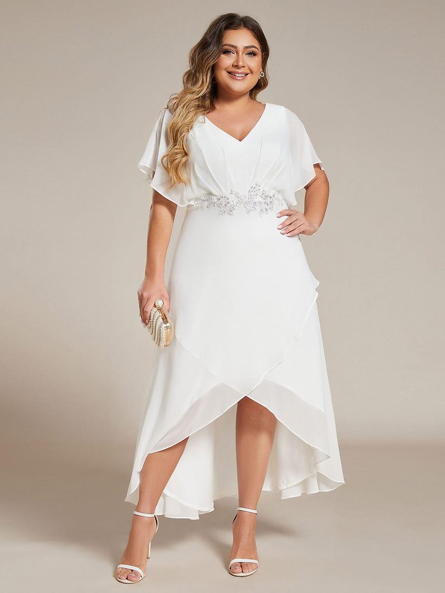 Plus Size V-Neck Chiffon Bat-Wing Sleeve A-Line Waist Applique Formal Dress #color_White