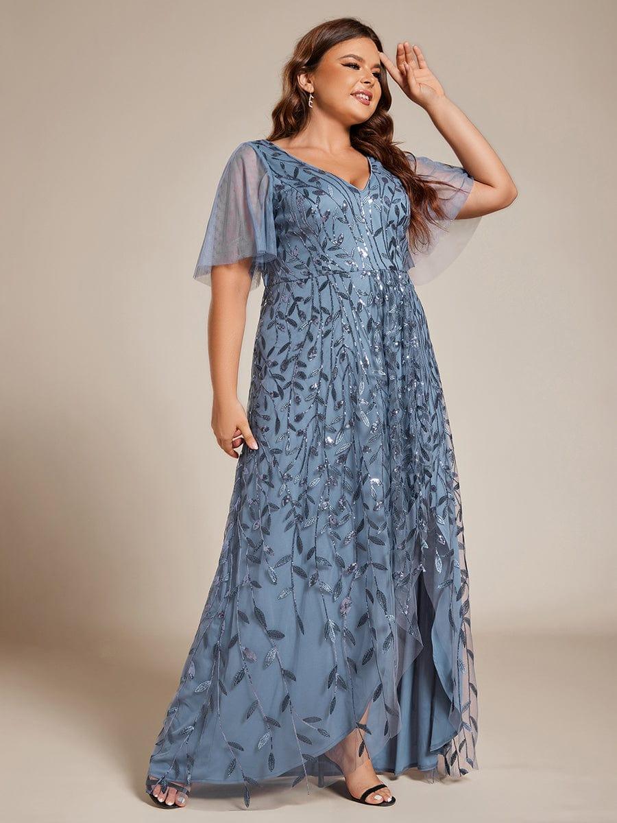 Plus Size Short Sleeves Sequin High Low V-Neck Midi Formal Evening Dress #color_Dusty Blue