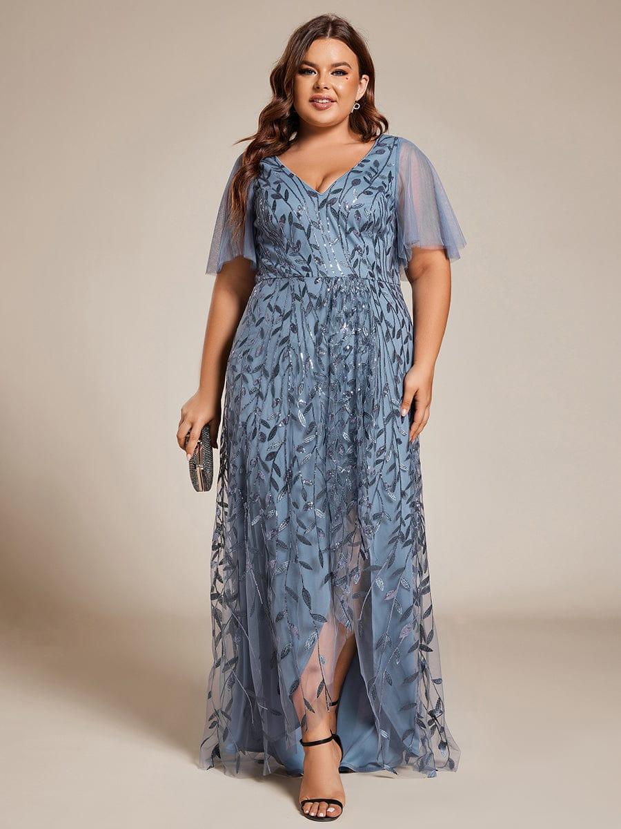 Plus Size Short Sleeves Sequin High Low V-Neck Midi Formal Evening Dress #color_Dusty Blue