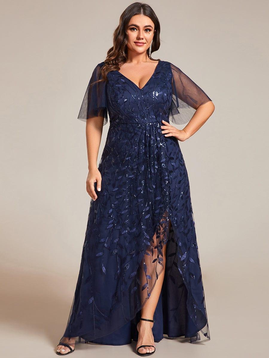 Plus Size Short Sleeves Sequin High Low V-Neck Midi Formal Evening Dress #color_Navy Blue