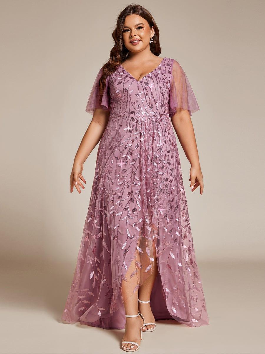Plus Size Short Sleeves Sequin High Low V-Neck Midi Formal Evening Dress #color_Purple Orchid