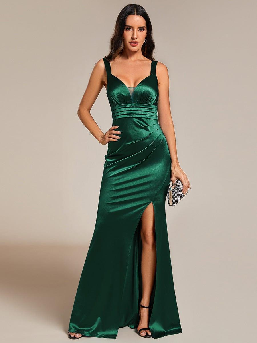 V-Neck Satin Spaghetti Strap High-Slit Fishtail Evening Dresses #color_Dark Green