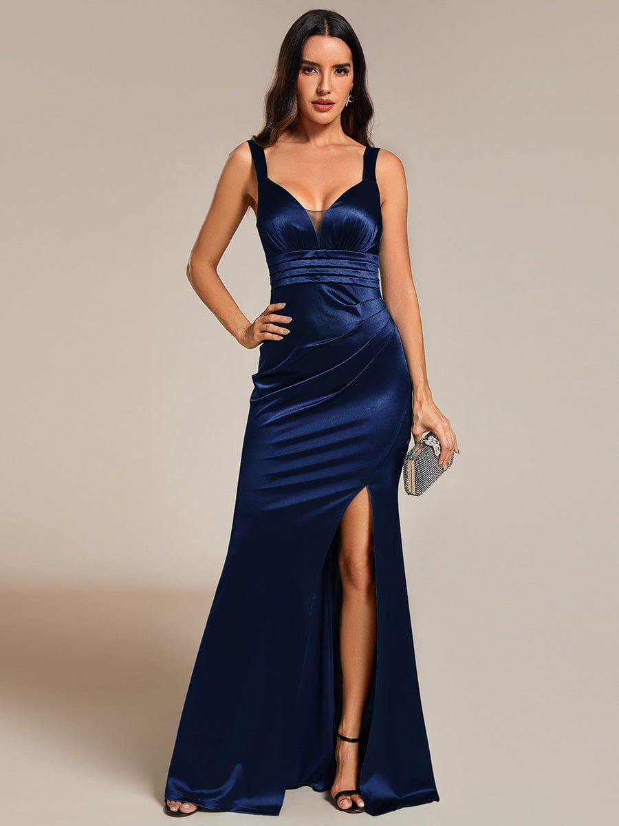V-Neck Satin Spaghetti Strap High-Slit Fishtail Evening Dresses #color_Navy Blue