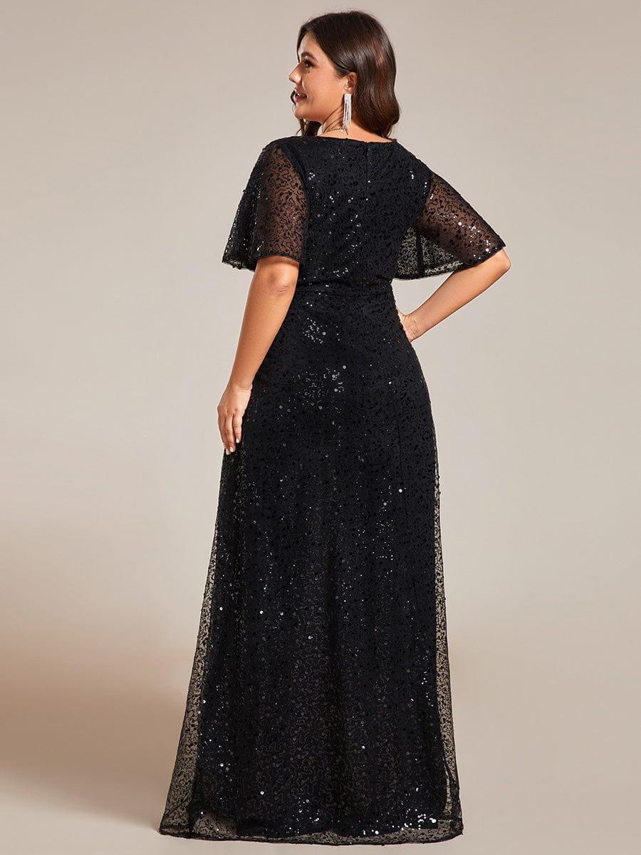 Shimmering All Over Sequin Short Sleeves A-Line Formal Evening Dress #color_Black