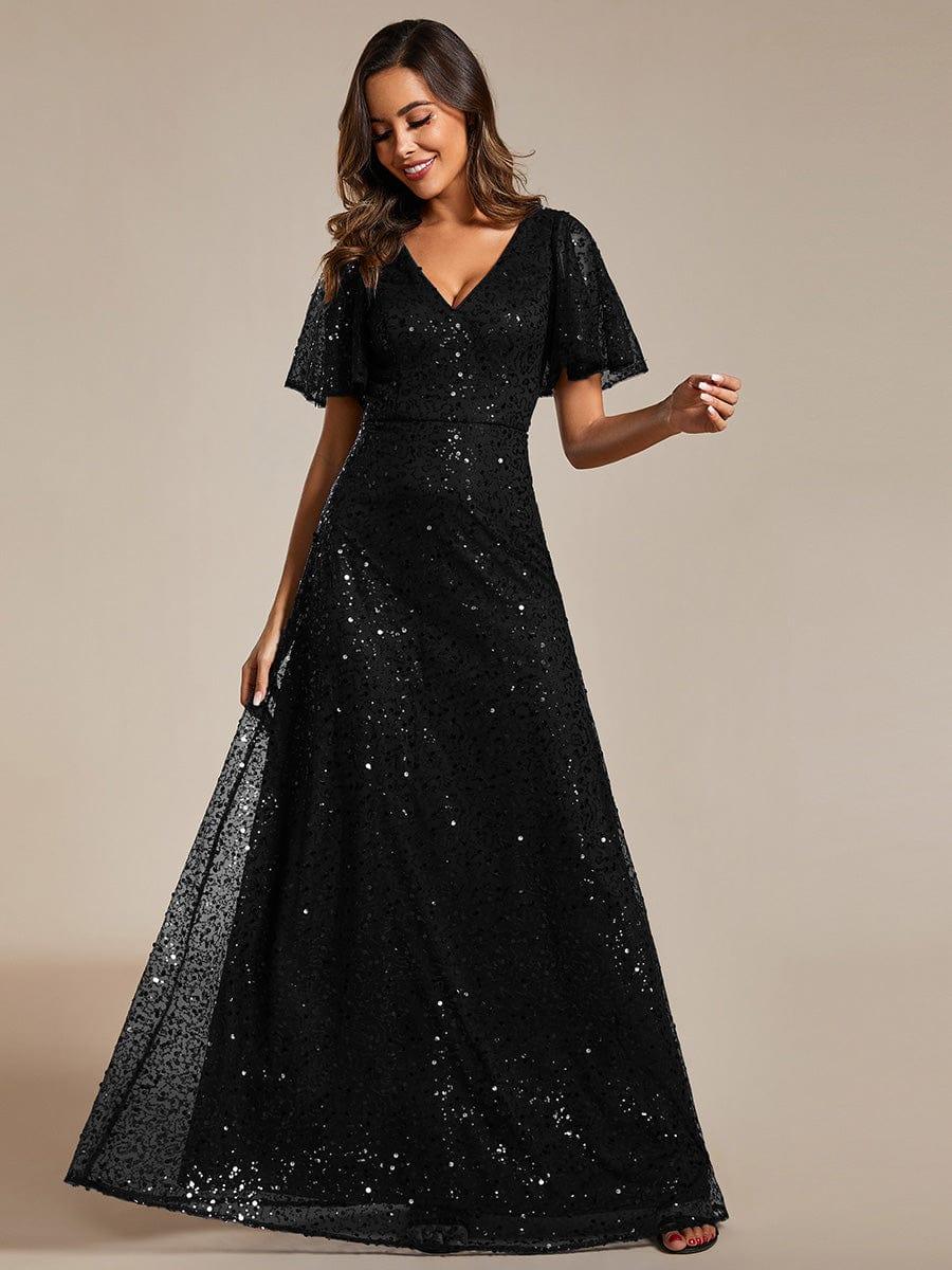 Shimmering All Over Sequin Short Sleeves A-Line Formal Evening Dress #color_Black