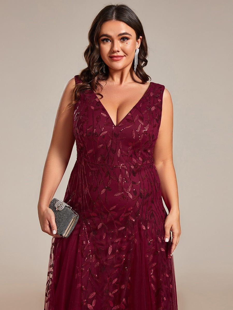 Plus Size Sparkling Sleeveless Leaf Sequin A-Line Formal Evening Dress #color_Burgundy
