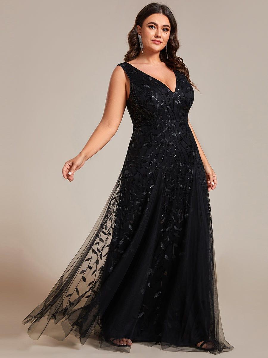Plus Size Sparkling Sleeveless Leaf Sequin A-Line Formal Evening Dress #color_Black