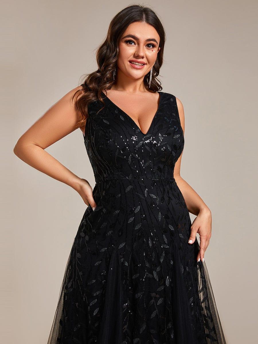 Plus Size Sparkling Sleeveless Leaf Sequin A-Line Formal Evening Dress #color_Black