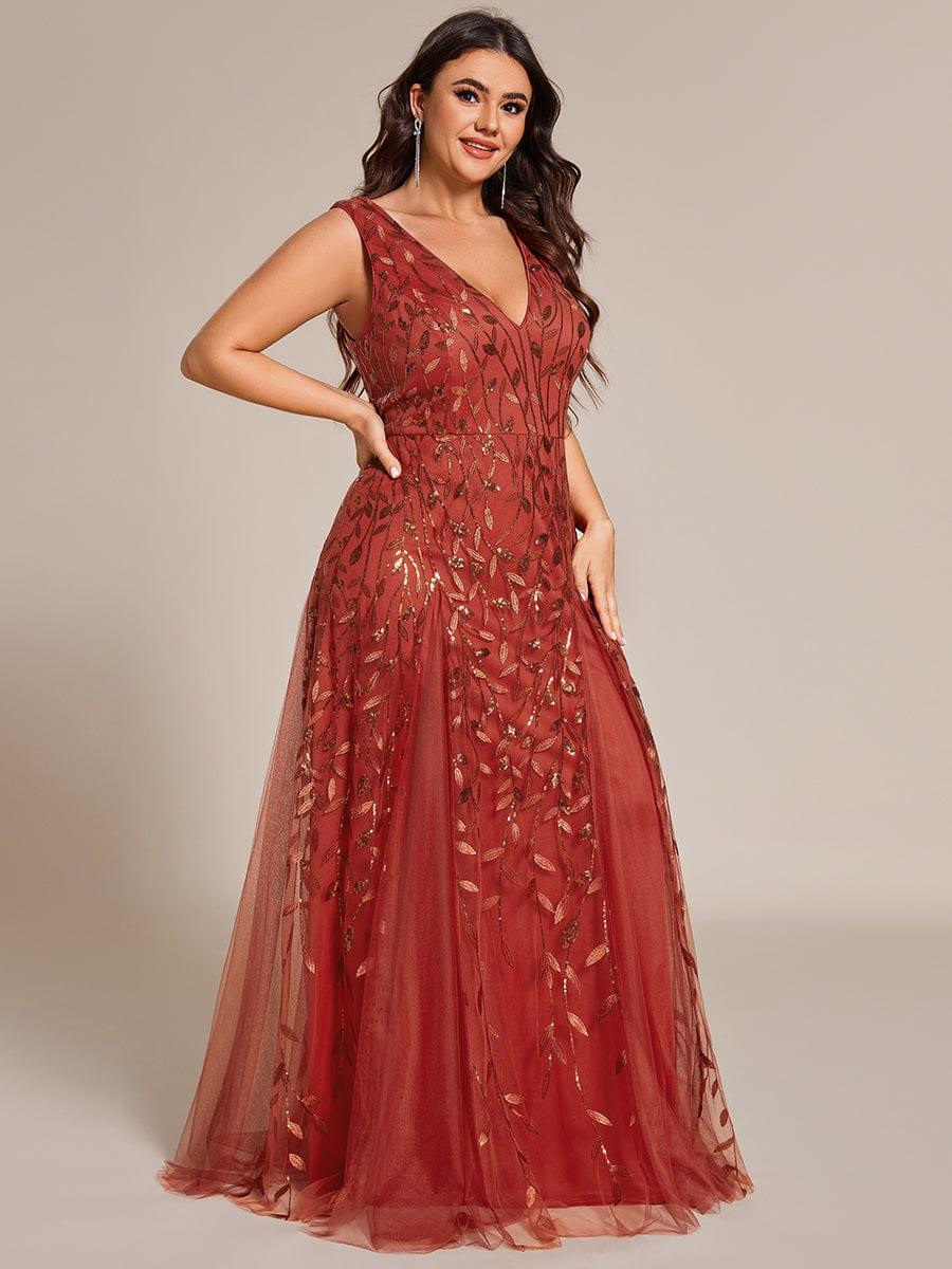 Plus Size Sparkling Sleeveless Leaf Sequin A-Line Formal Evening Dress #color_Burnt Orange