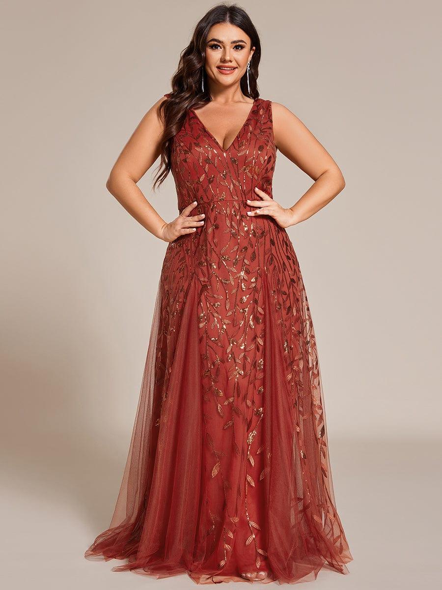 Plus Size Sparkling Sleeveless Leaf Sequin A-Line Formal Evening Dress #color_Burnt Orange