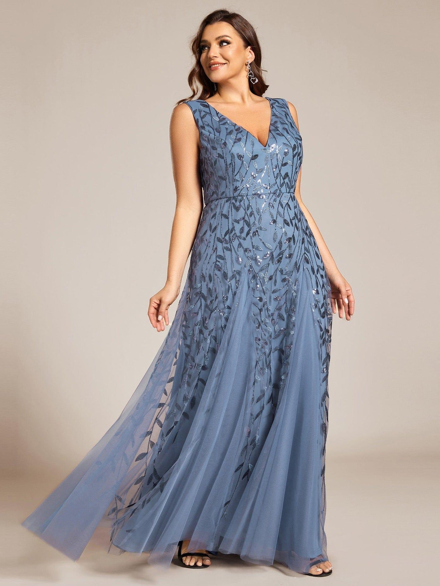 Plus Size Sparkling Sleeveless Leaf Sequin A-Line Formal Evening Dress #color_Dusty Blue