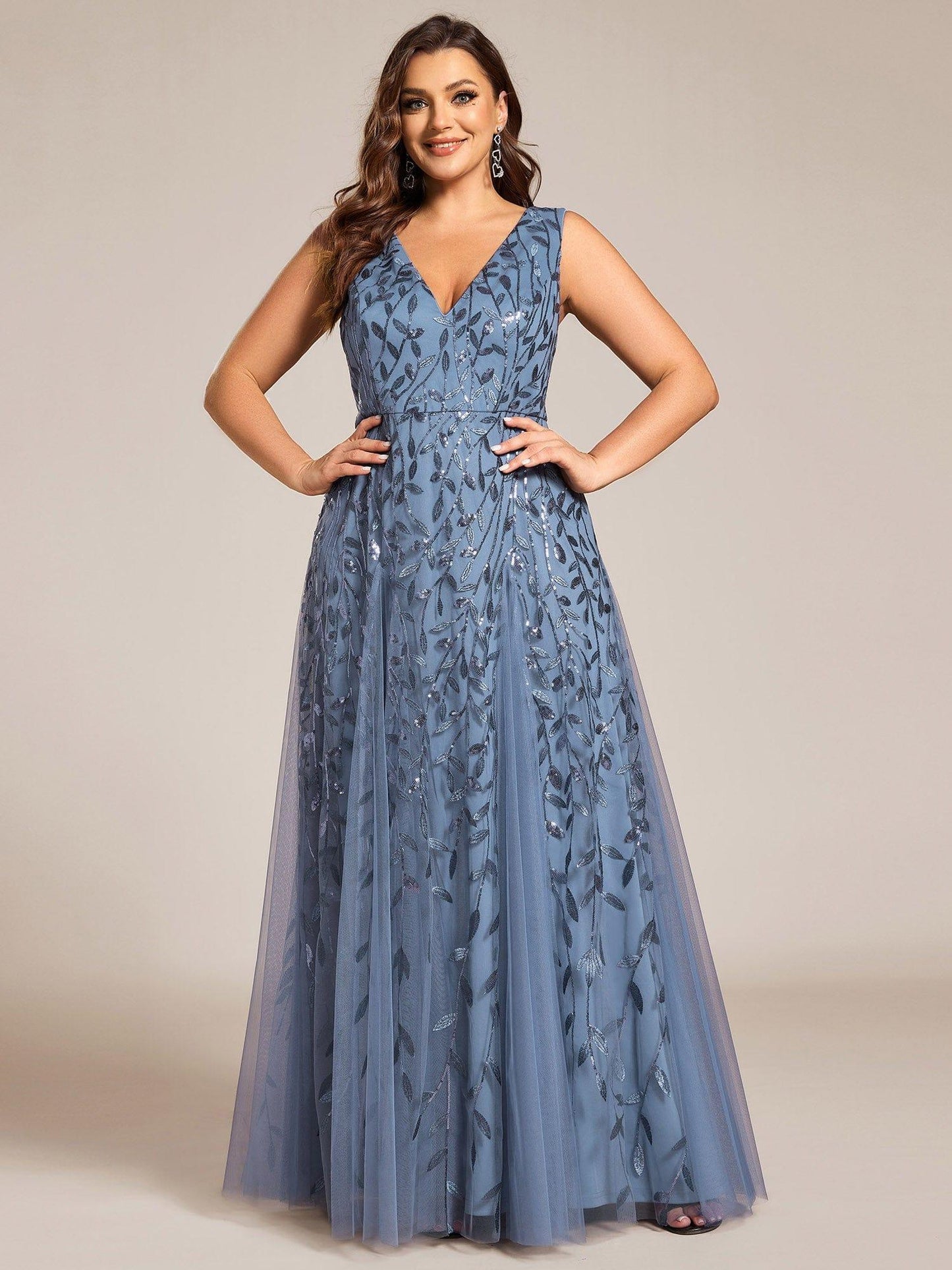 Plus Size Sparkling Sleeveless Leaf Sequin A-Line Formal Evening Dress #color_Dusty Blue