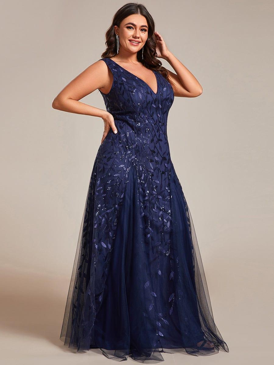 Plus Size Sparkling Sleeveless Leaf Sequin A-Line Formal Evening Dress #color_Navy Blue
