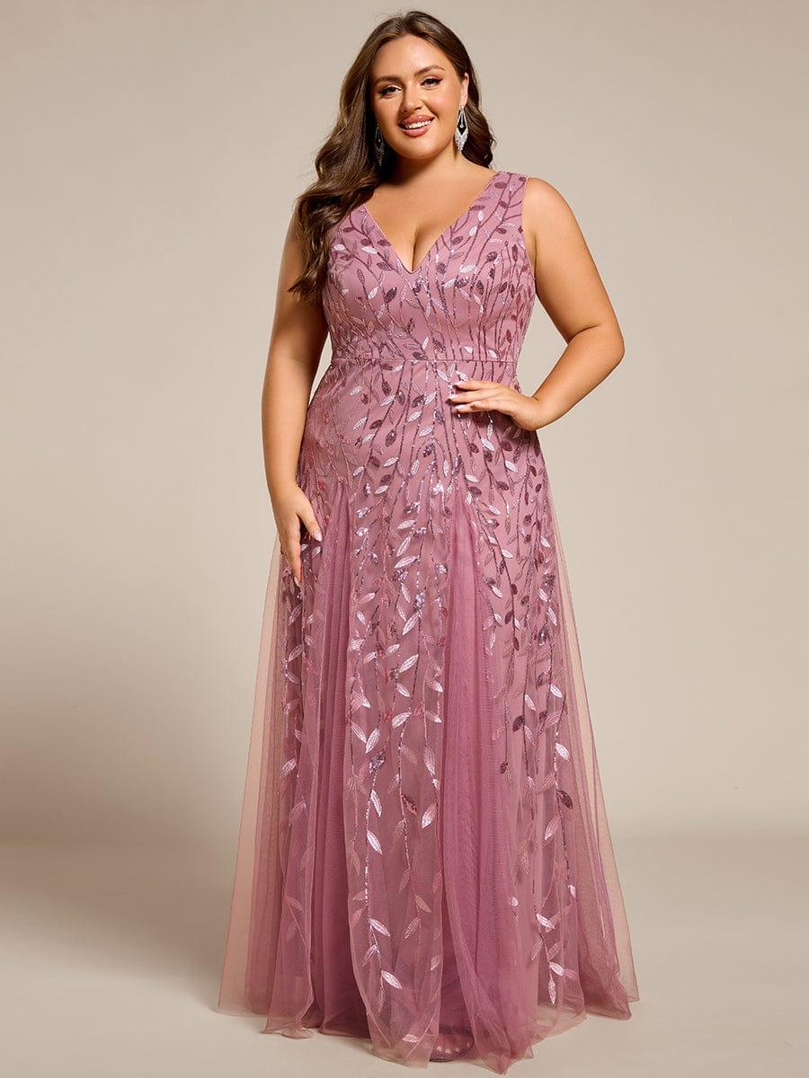 Plus Size Sparkling Sleeveless Leaf Sequin A-Line Formal Evening Dress #color_Purple Orchid