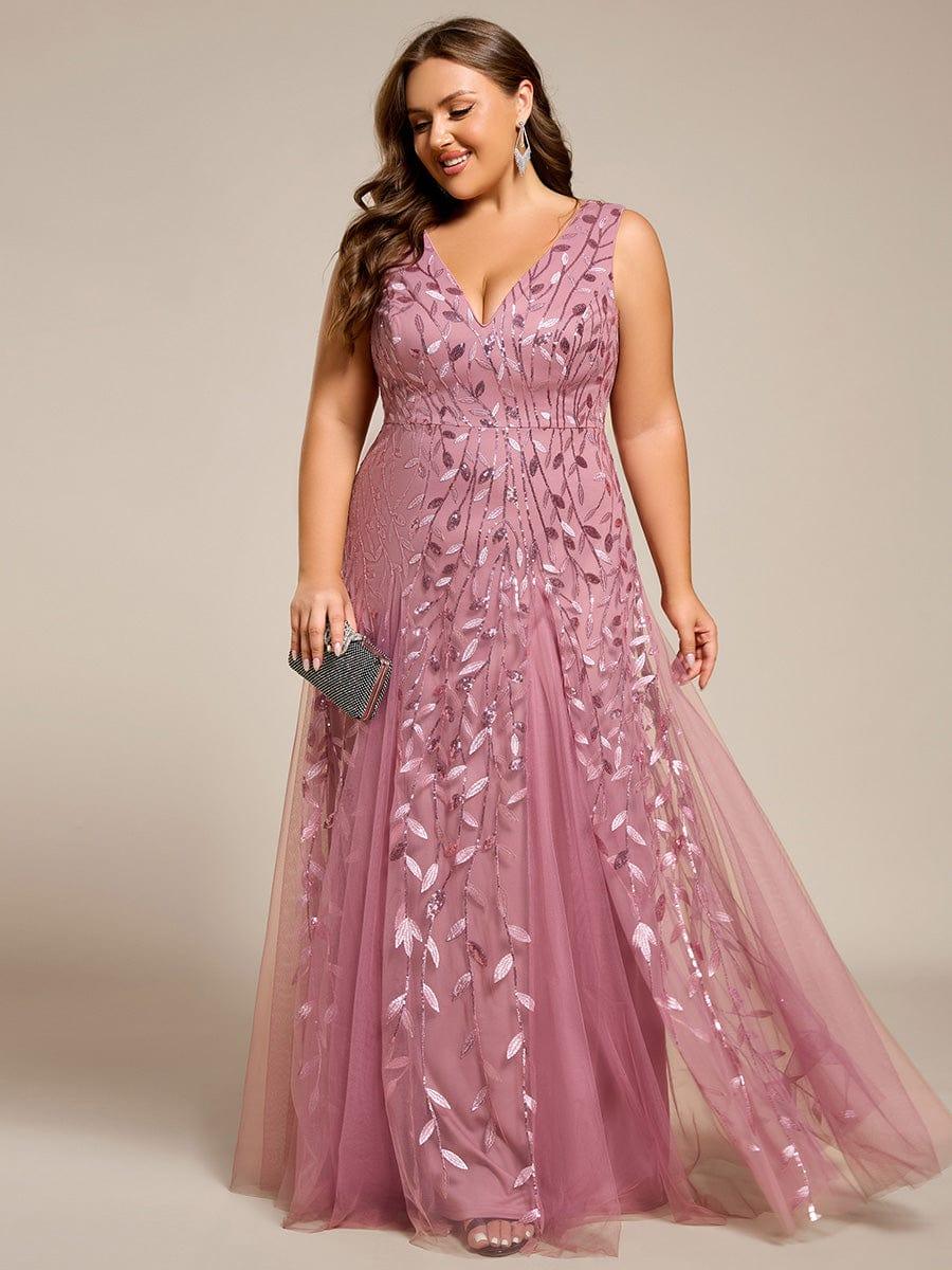 Plus Size Sparkling Sleeveless Leaf Sequin A-Line Formal Evening Dress #color_Purple Orchid
