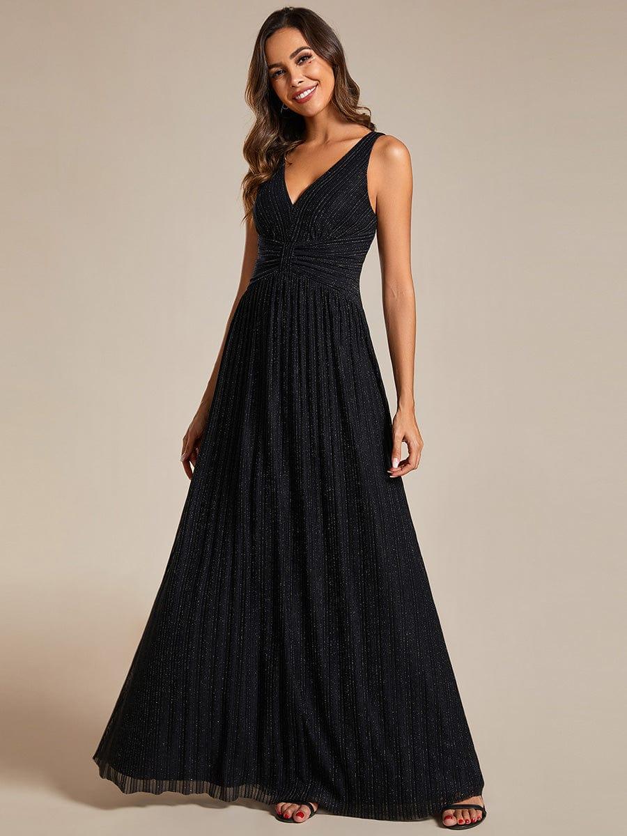 Glittery Sleeveless Pleated Empire Waist A-Line Formal Evening Dress #color_Black