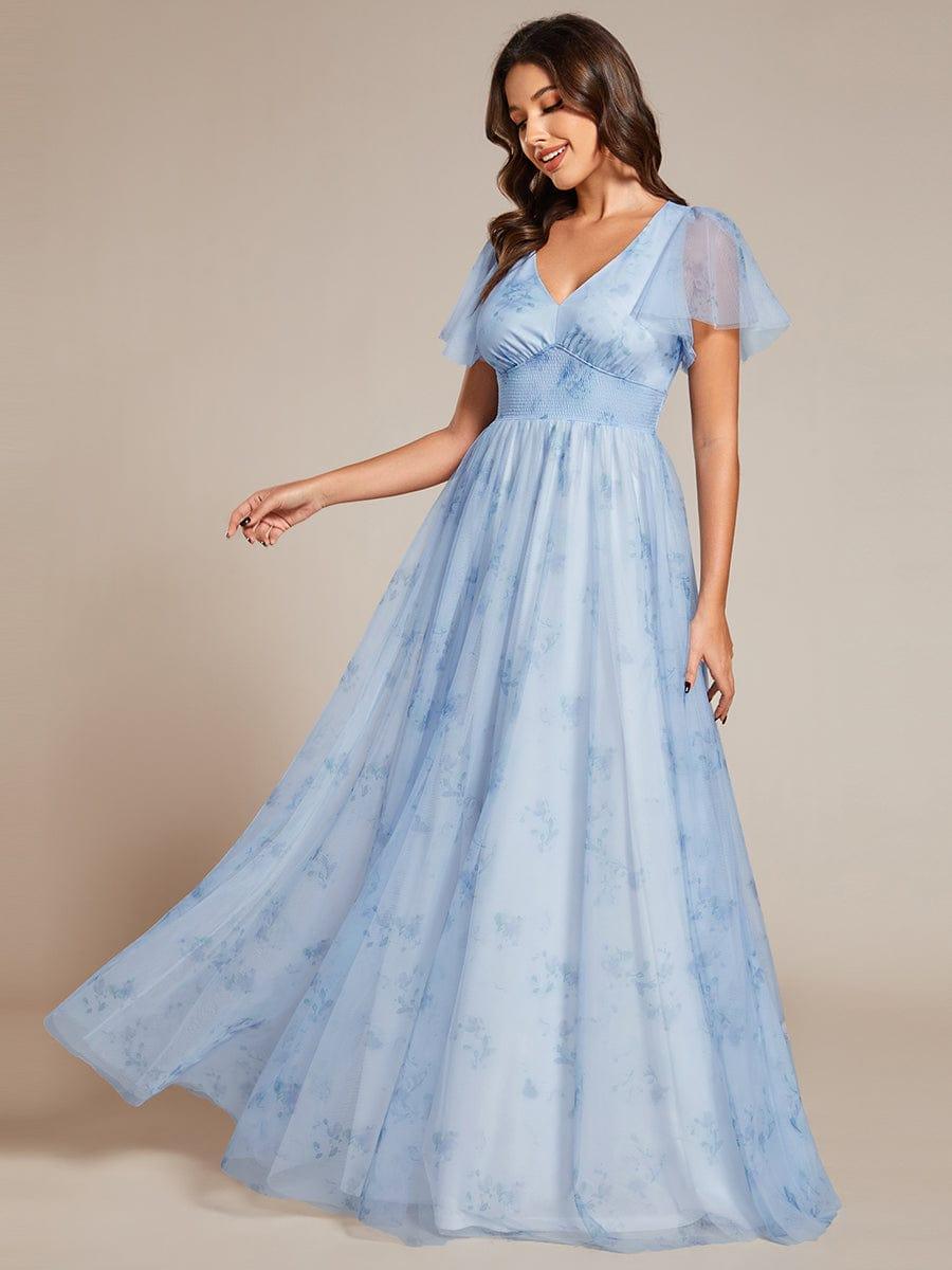 Eleganct Floral Tulle V-Neck Short Sleeve Formal Evening Dress #color_Ice Blue