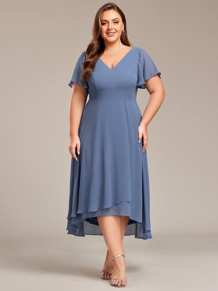 Plus Size Flowing Chiffon V-Neck Ruffle Sleeves Bridesmaid Dress #color_Dusty Blue