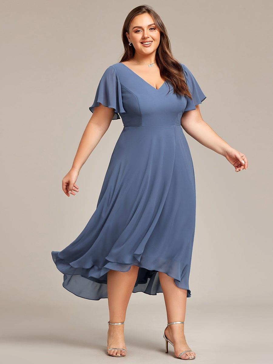 Plus Size Flowing Chiffon V-Neck Ruffle Sleeves Bridesmaid Dress #color_Dusty Blue